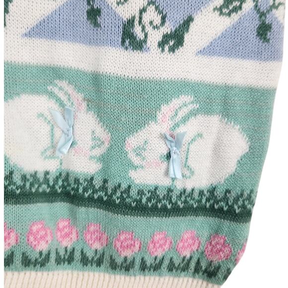 Vintage Spring Floral Bunny Knit Cardigan Sweater MEDIUM Bows Cottage Easter - Picture 5 of 9